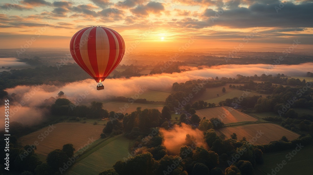 Poster Hot Air Balloon Soaring Over a Misty Landscape at Sunrise