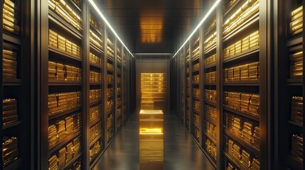 A futuristic illuminated server room with glowing data racks, creating a modern and high-tech environment representing digital technology.