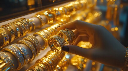 Obraz premium A hand selecting a gold bracelet from a sparkling jewelry display. Luxurious and elegant design highlighted under bright lights.