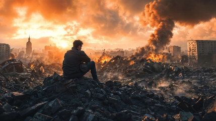 Obraz premium A man sits on rubble gazing at the sunset over a city