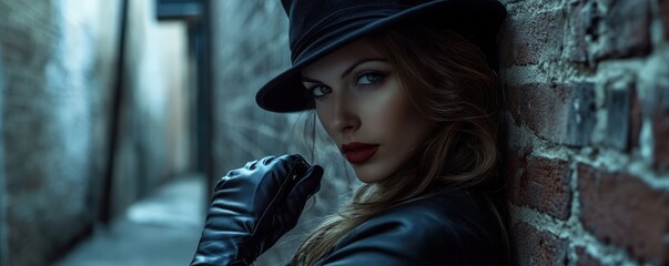 Obraz premium Mysterious woman in alleyway, cinematic vibe