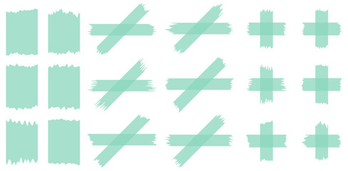 Set of green semi-transparent washi tapes isolated on white. Tapes collection in vector. Pieces of decorative tape for scrapbooks. Torn paper. Turquoise