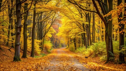 High Angle Autumn forest path strewn with yellow leaves