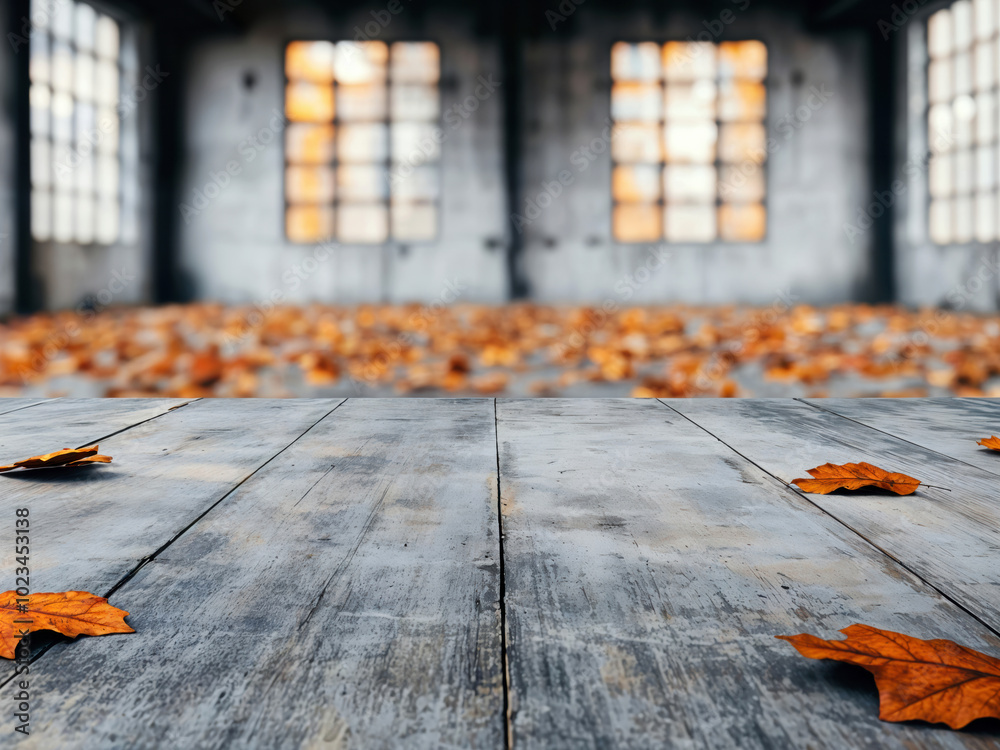 Aufkleber empty wooden table with autumn leaves on blurred background