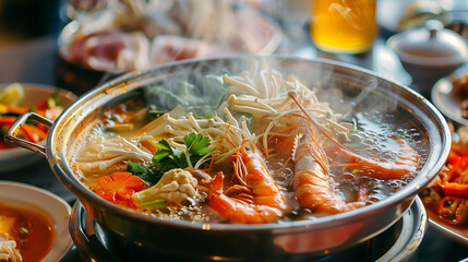 Winter hot pot with an assortment of seafood and vegetables, steaming and hearty1