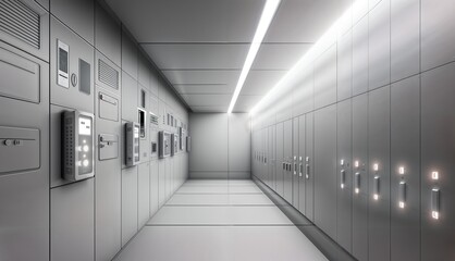 Modern Electrical Switchgear Room. A well-lit indoor electrical substation featuring advanced switchgear, control panels, and safety cones on a reflective floor.