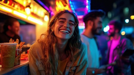 Happy Friends Enjoying Street Food at Night Market