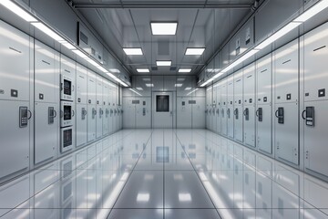 Obraz premium Electrical Substation Control. Indoor switchgear with illuminated panels.