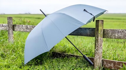Country Lane: An umbrella leaning against a wooden fence, hinting at a leisurely countryside walk. 