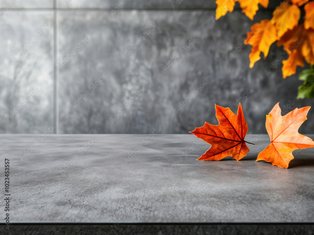 Poster Empty table showing autumn concept with maple leaves
