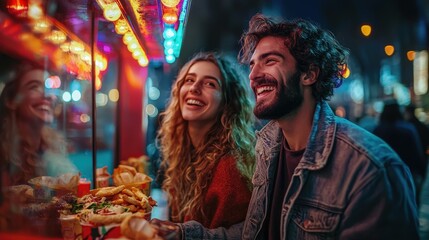 Fototapeta premium Happy Couple Enjoying Street Food at Night Market