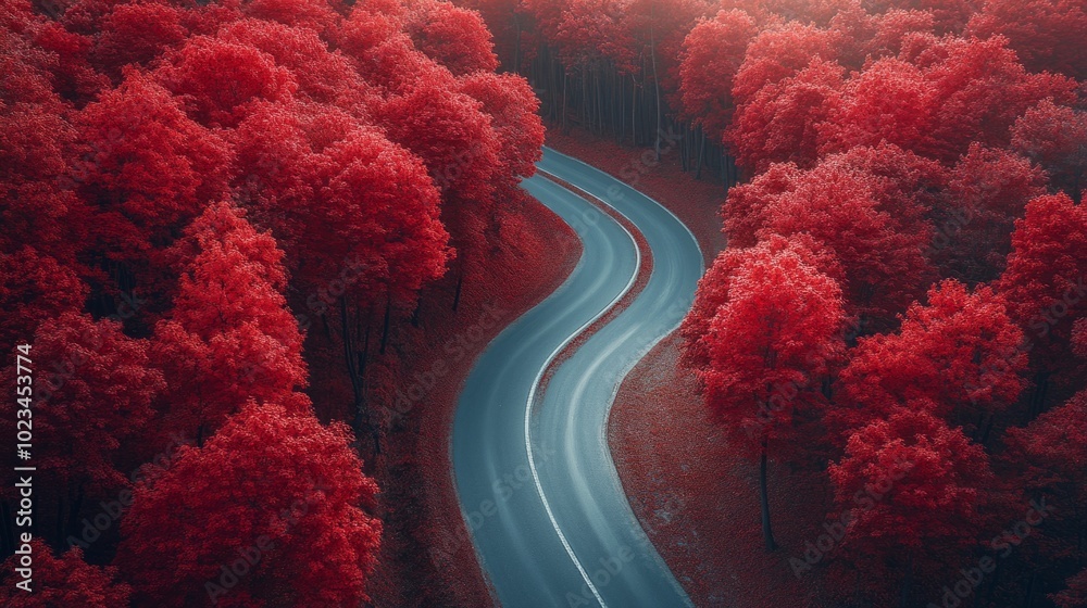 Poster A road with trees on both sides and a red and blue color scheme