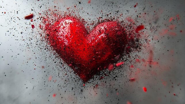 A vibrant red heart exploding with particles, symbolizing love and emotion.