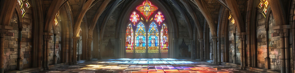 Obraz premium An ornate gothic archway framing a stained-glass window in a European castle chapel, casting colorful patterns onto the stone floor.