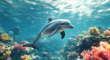 A dolphin swimming in the ocean, surrounded by colorful coral reefs and fish