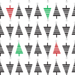 Seamless Christmas tree pattern. Repeating, hand drawn vector pattern with a simple black, red and green holiday tree design. Apparel textile pattern.