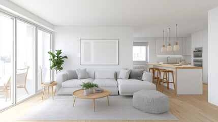 Modern living room with cozy sofa, stylish decor, and bright atmosphere. open layout features kitchen area, wooden accents, and natural light streaming in, creating welcoming space