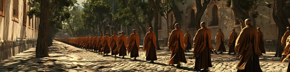 Naklejka premium A solemn procession of Catholic monks, clad in their traditional habits, walking along a cobblestone path in a European monastery.