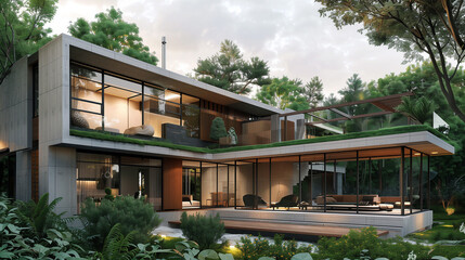 Fototapeta premium Modern home exterior featuring sharp angular lines, large glass windows, and a concrete facade, with wooden accents and lush greenery surrounding the structure.