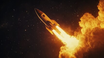 Fototapeta premium A vintage rocket ship launches into space, flames bursting from its engines, with the night sky and stars behind