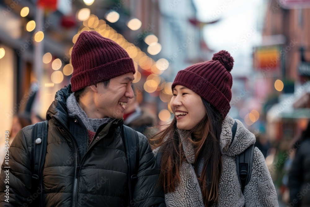 Sticker Asian couple laughing smile hats clothing.