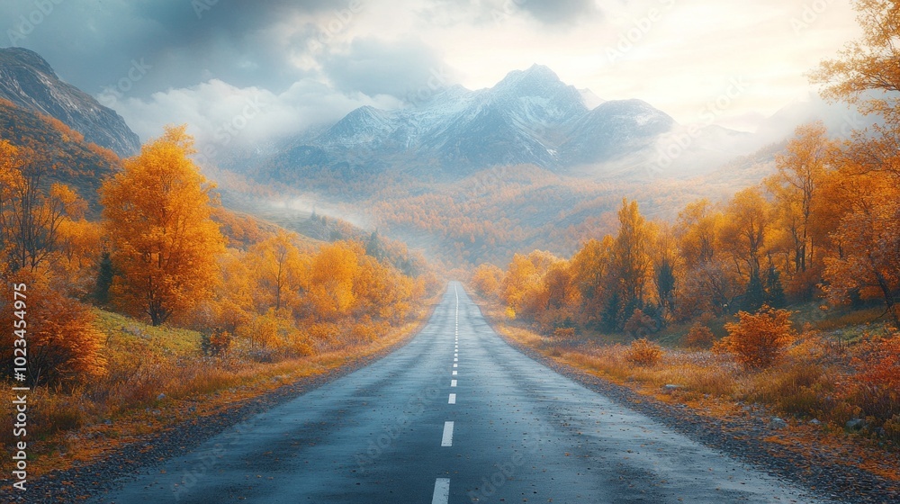 Poster a road with trees on both sides and mountains in the background