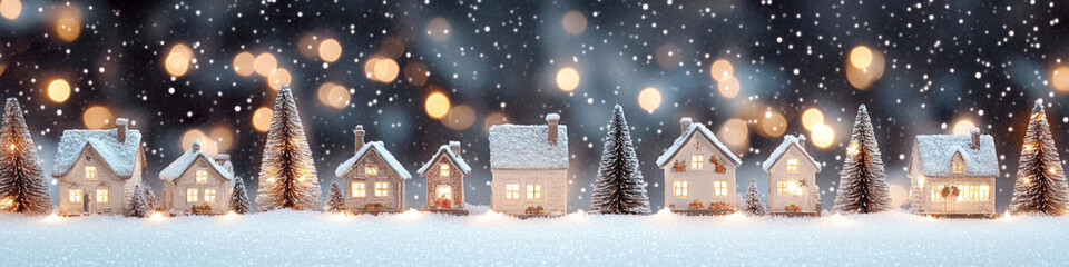 A picturesque winter scene featuring charming houses blanketed in snow, surrounded by tall evergreen trees. Soft glowing lights from windows create warm, inviting atmosphere amidst falling snowflakes