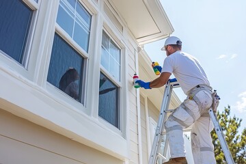 Painter Professionally Painting House Exterior White, Balancing on Ladder Against Window with Blue Sky Background. Generative AI