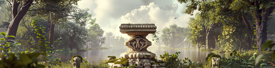 Fototapeta premium An ancient stone altar adorned with carvings, standing amidst lush greenery in a picturesque European woodland.