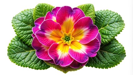 High angle colorful primrose flower macro shot on white background isolated