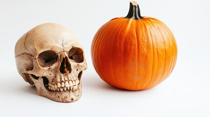 Obraz premium Pumpkin and skull on white background