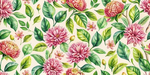 High angle colourful floral seamless pattern with light background watercolour painting of bergamot flower