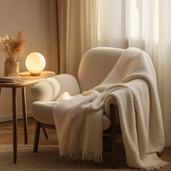 A cozy armchair adorned with soft, white blanket, illuminated by warm lamp, creates serene atmosphere in softly lit room. gentle textures and warm light evoke sense of comfort and relaxation