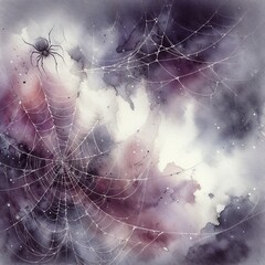 Mysterious spider in a web with watercolor effect on a dark and moody background