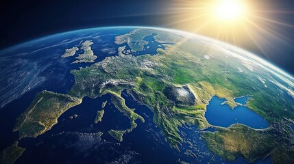 A satellite view of Europe with the sun rising over the horizon. The continents landmasses are visible as well as the vastness of the oceans surrounding it.