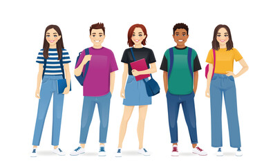 Obraz premium Multiethnic young people in casual clothes with backpacks and books. Smiling students standing isolated vector illustration
