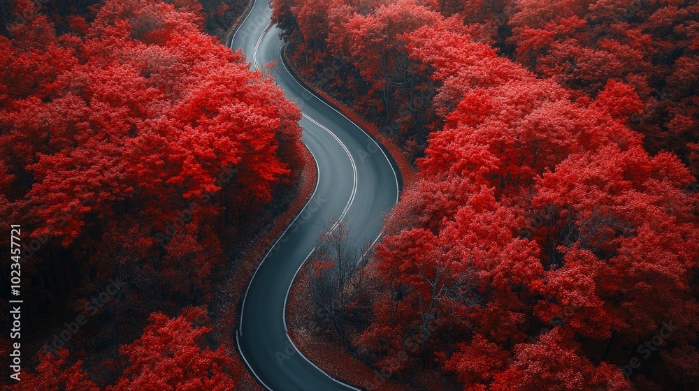 Poster a road with red trees in the background
