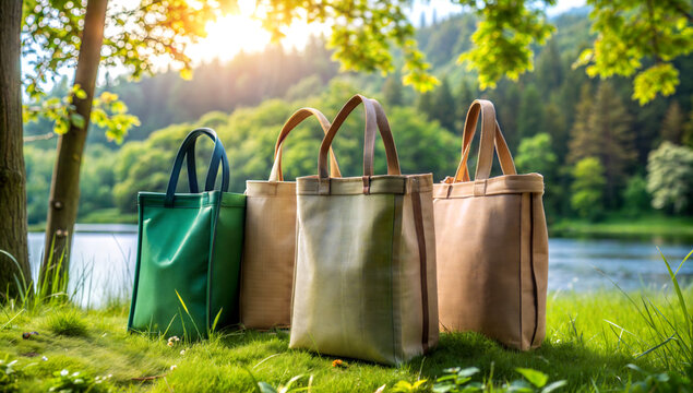 eco-friendly  bags on grass by lake in nature, organic packaging and environment protection concept, Earth Day, America Recycles Day, Global Recycling Day	 - Powered by Adobe