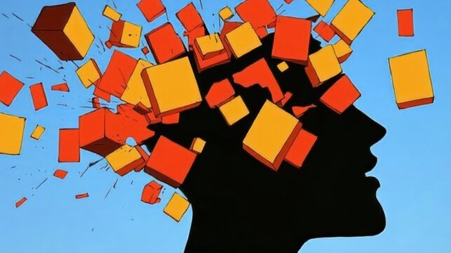 A silhouette of a head with colorful blocks exploding, symbolizing ideas and creativity.