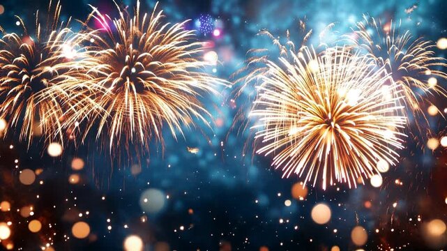 A stunning display of golden fireworks lighting up a blue night sky with bokeh lights and sparkles