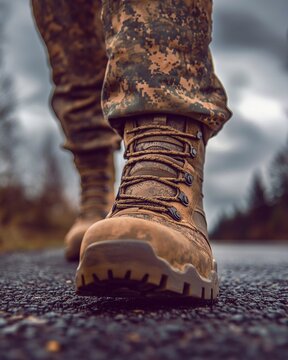 military boots close-up, walking along the road, peaceful environment,
