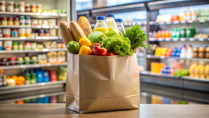 grocery bag filled with fresh produce in a supermarket, shopping