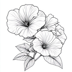 Fototapeta premium A Petunia, black and white handdrawn sketch, isolated on solid white background