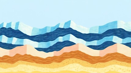 Abstract illustration of layered mountains and sands in calming colors.