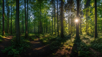 Obraz premium A panoramic view of a sunlit forest with two paths leading through the trees, with a starburst effect from the sun shining through the leaves.