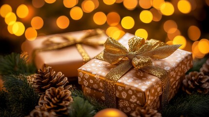 Festive Gift Boxes Wrapped in Golden Ribbons Surrounded by Bokeh Lights