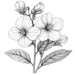 A Nicotiana, black and white handdrawn sketch, isolated on solid white background