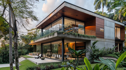 Obraz premium Modern home exterior featuring sharp angular lines, large glass windows, and a concrete facade, with wooden accents and lush greenery surrounding the structure.