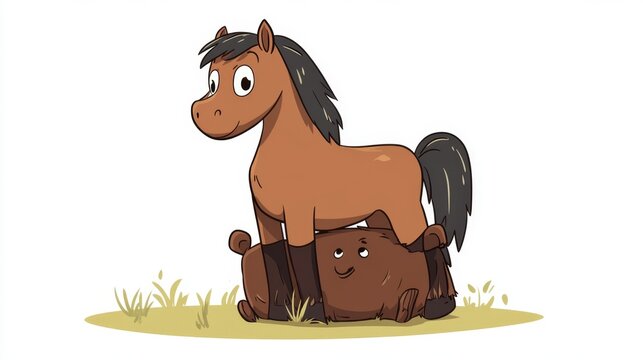 recommend clip art: A cartoon horse standing on a haystack with a smiling face.