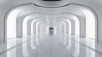 Obraz premium Futuristic White Corridor with Sleek Curved Architecture, Minimalist Design, Symmetrical Perspective